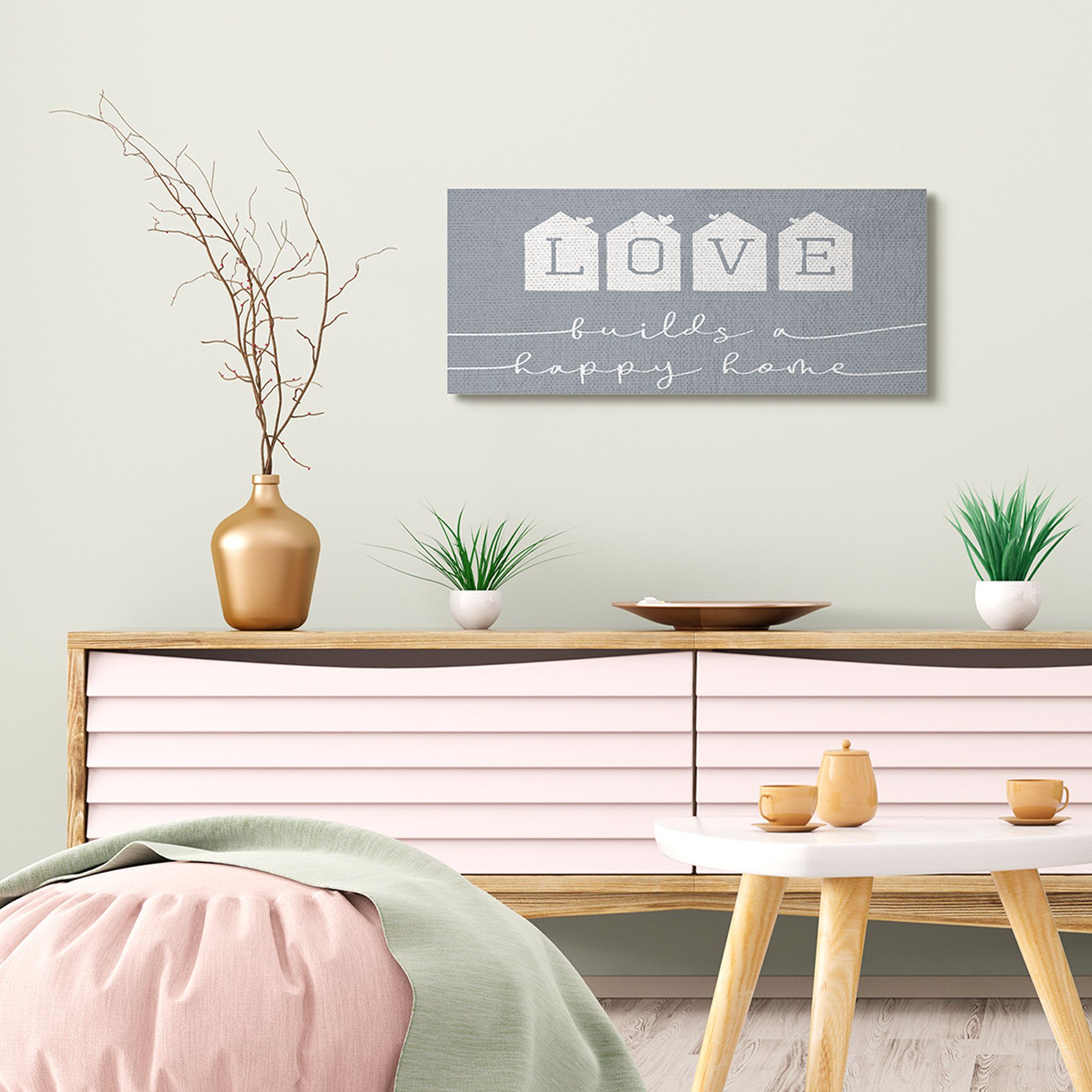 Stupell Industries Love Builds a Happy Home Phrase Blue Neighborhood Inspirational Painting Gallery Wrapped Canvas Art Print Wall Art, 13 x 30