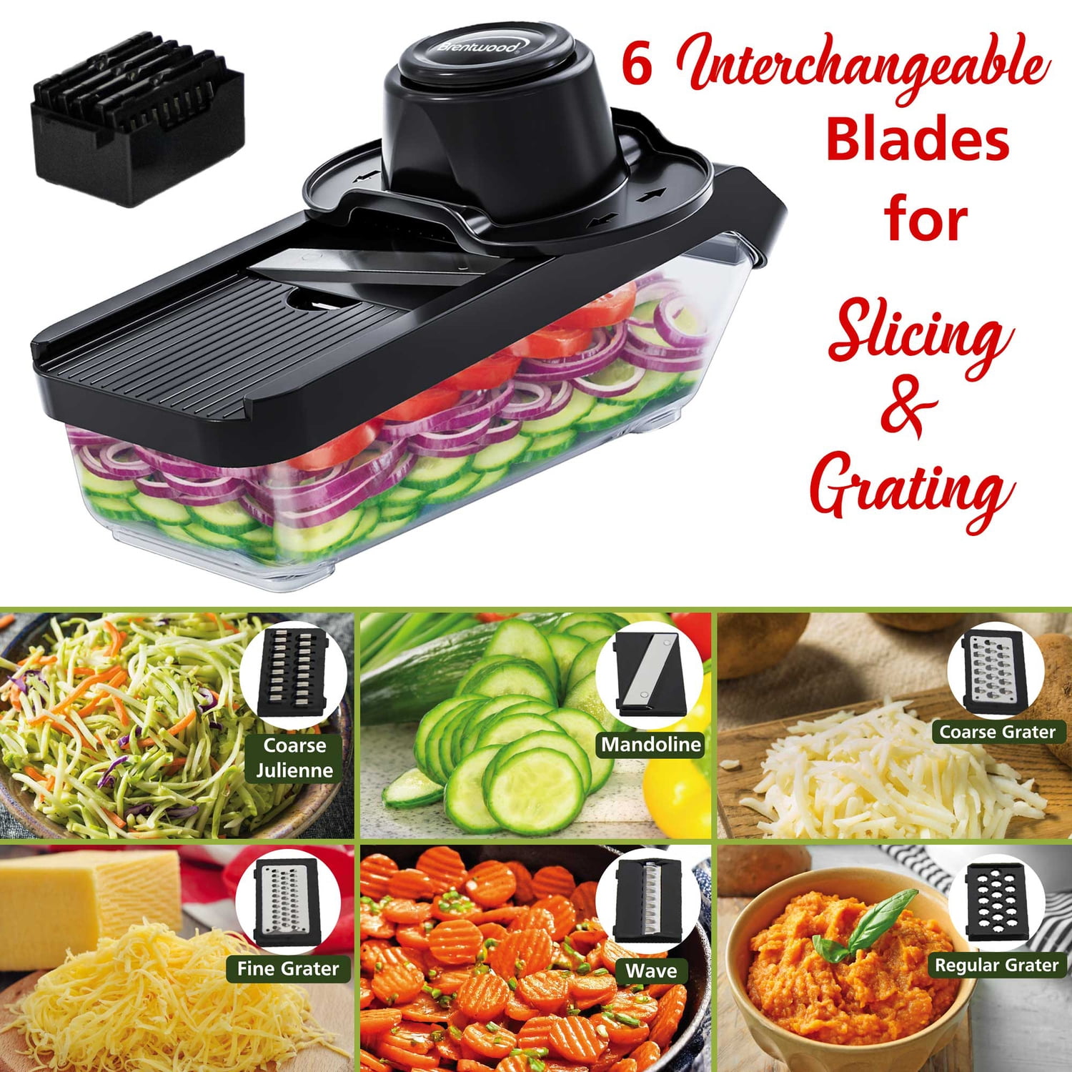 Brentwood Mandoline Slicer and Cheese Grater with 3.6-Cup Storage Container and 6 Interchangeable Stainless Steel Blades, Black, KA-5046BK