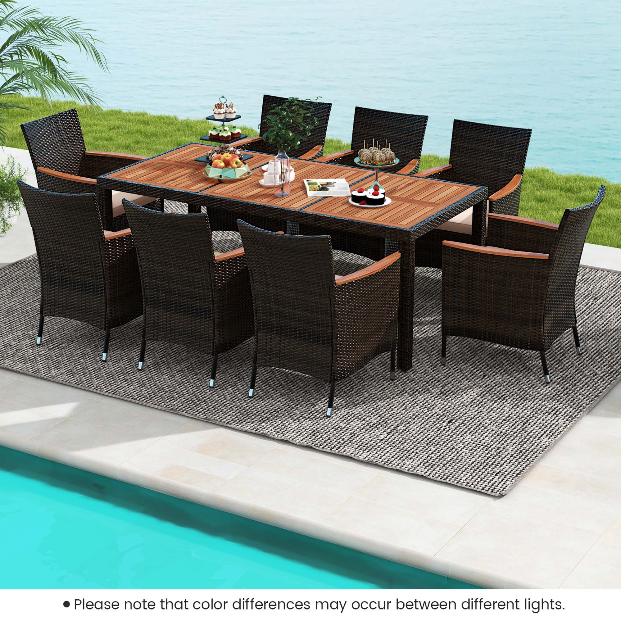 Costway 9PCS Patio Wicker Dining Set Acacia Wood Table Top Umbrella Hole Cushions Chairs - image 4 of 10