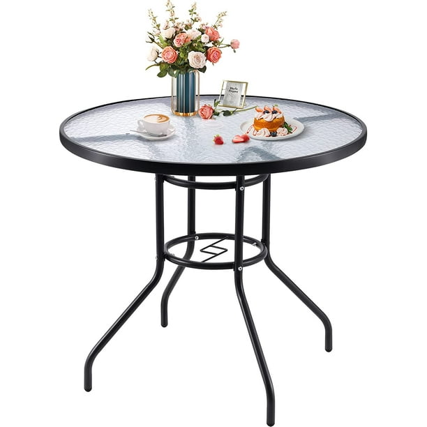 32 Inch Patio Table with Umbrella Hole, Round Glass Patio Table
