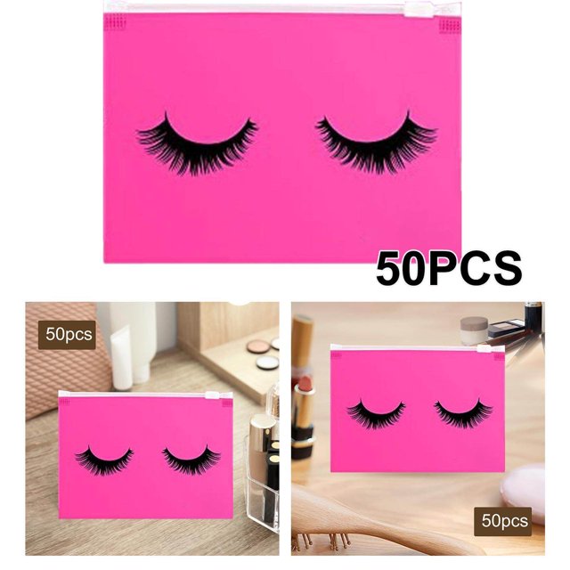 pitrice 50 Count Lash Bags Eyelash Makeup Bags with Zipper Reusable Toilet Storage Adorable 15x10cm Rose Red