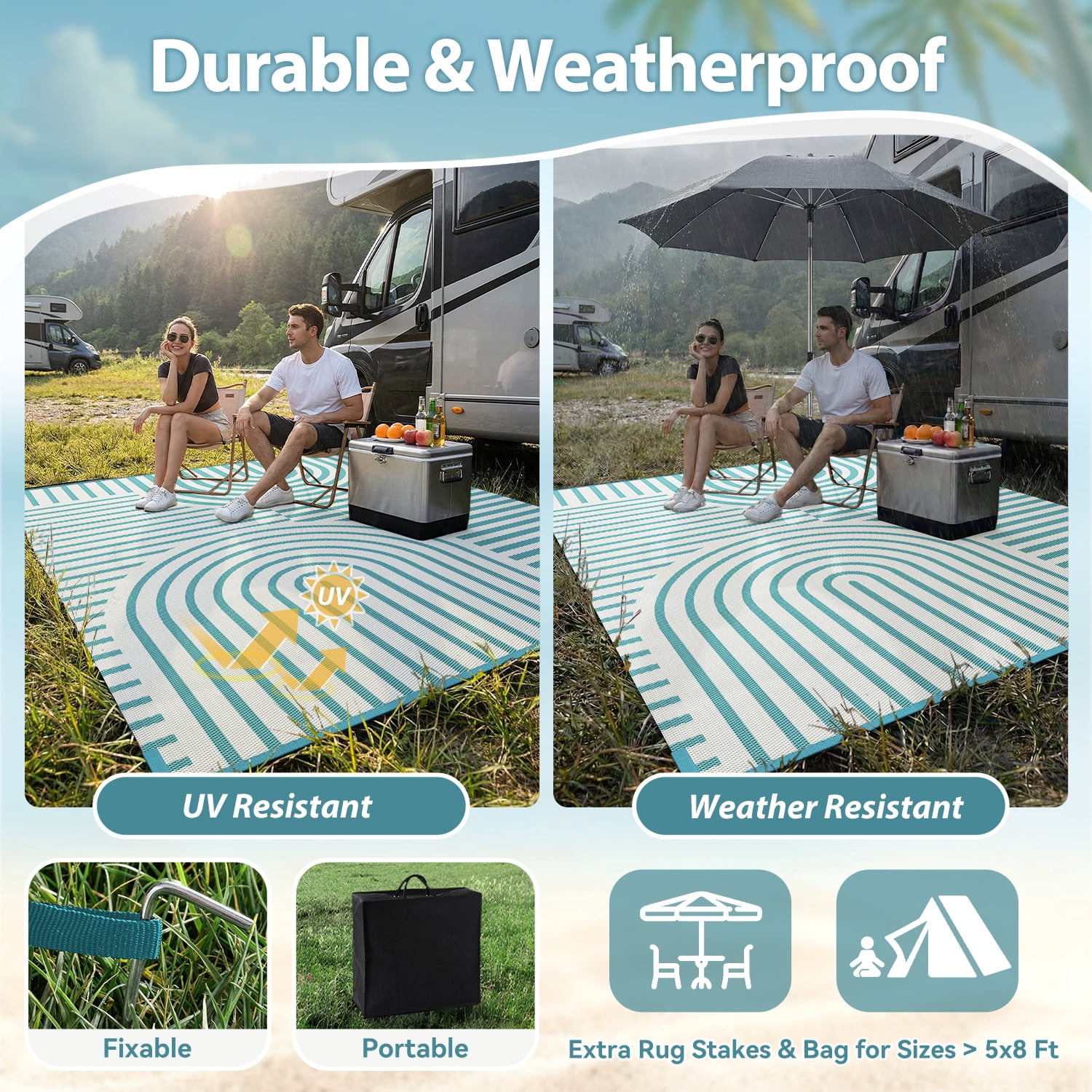 VUNATE Outdoor Rug Carpet 8'x10' Waterproof Reversible Patio Rug Portable Boho Indoor Outdoor Rug Plastic Straw Rug for Beach RV Camping Garden Picnic Deck Backyard Modern Porch Decor Teal and White