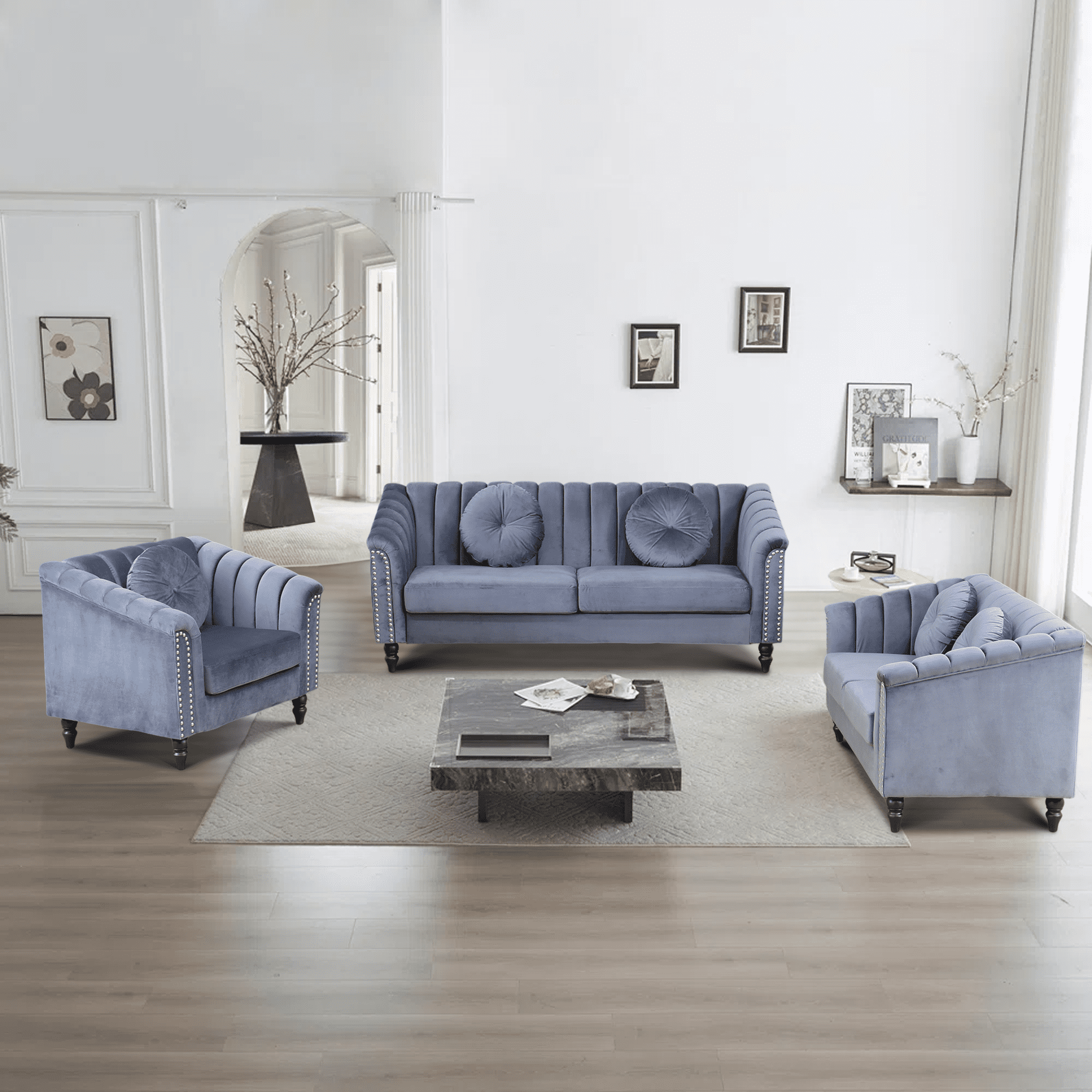 Aukfa 3 Pieces Sectional Sofa Couch Set for Living Room, 3 Seat Sofa, Loveseat and Accent Chair,Gray