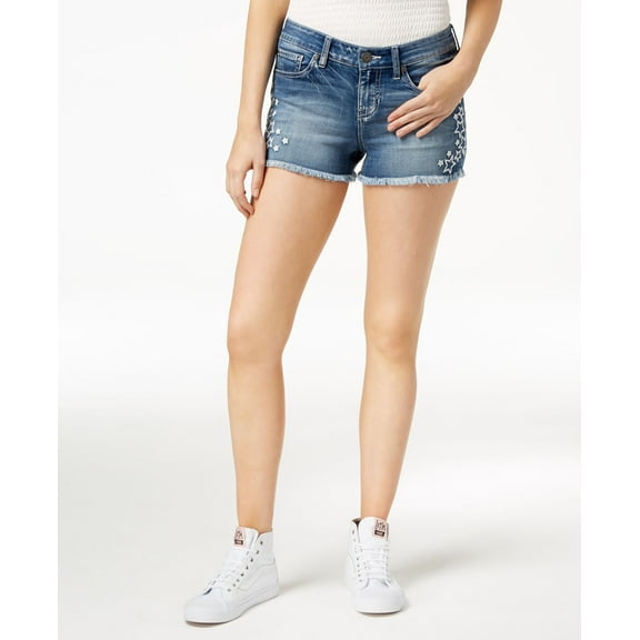 Blue Desire Juniors Star Embroidered Raw Edge Denim Shorts Rivington 15