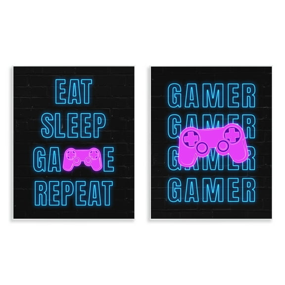 Stupell Industries Neon Gamer Eat Sleep Entertainment Painting Unframed Art Print Wall Art, 11 x 14, Set of 2