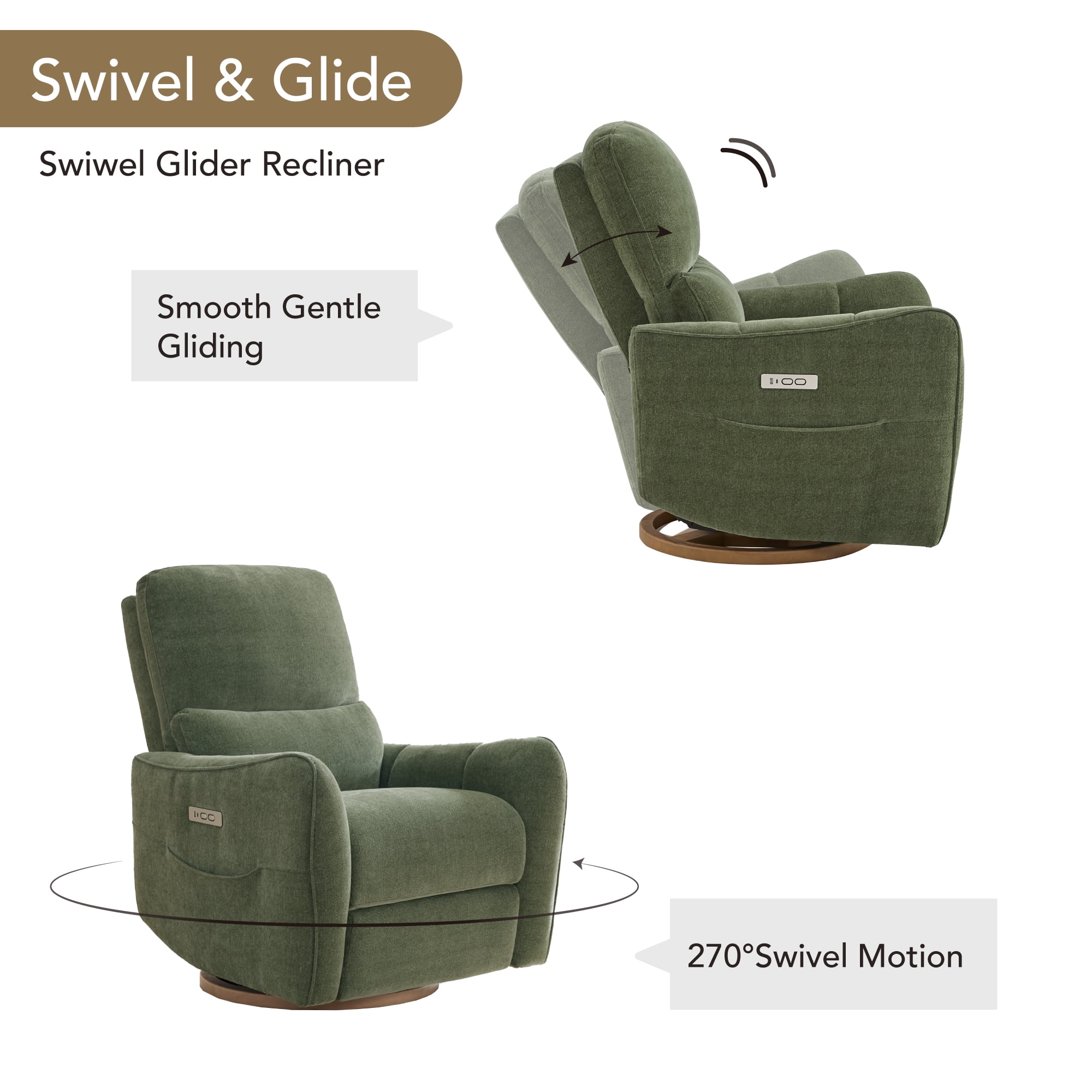 Spruce & Spring Chenille Fabric Swivel Glider Recliner with Lumbar Pillow for Nursery & Living Room, Green