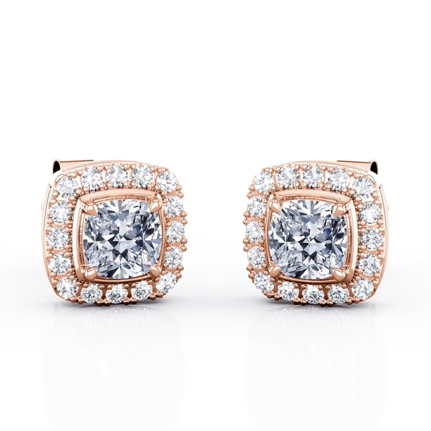 Pendientes de Botón JeenMata Halo de Moissanita 1,1 Quilates Baño de Oro Rosa de 18 K sobre Plata