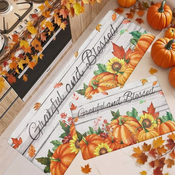 AUHomi Fall Kitchen Rugs Set of 2, Thanksgiving Kitchen Mats for Floor, Hello Pumpkin Fall Non-Slip Washable Sink Mats, Autumn Maple Leaf Home Decor Doormat, Runner Rug (D)