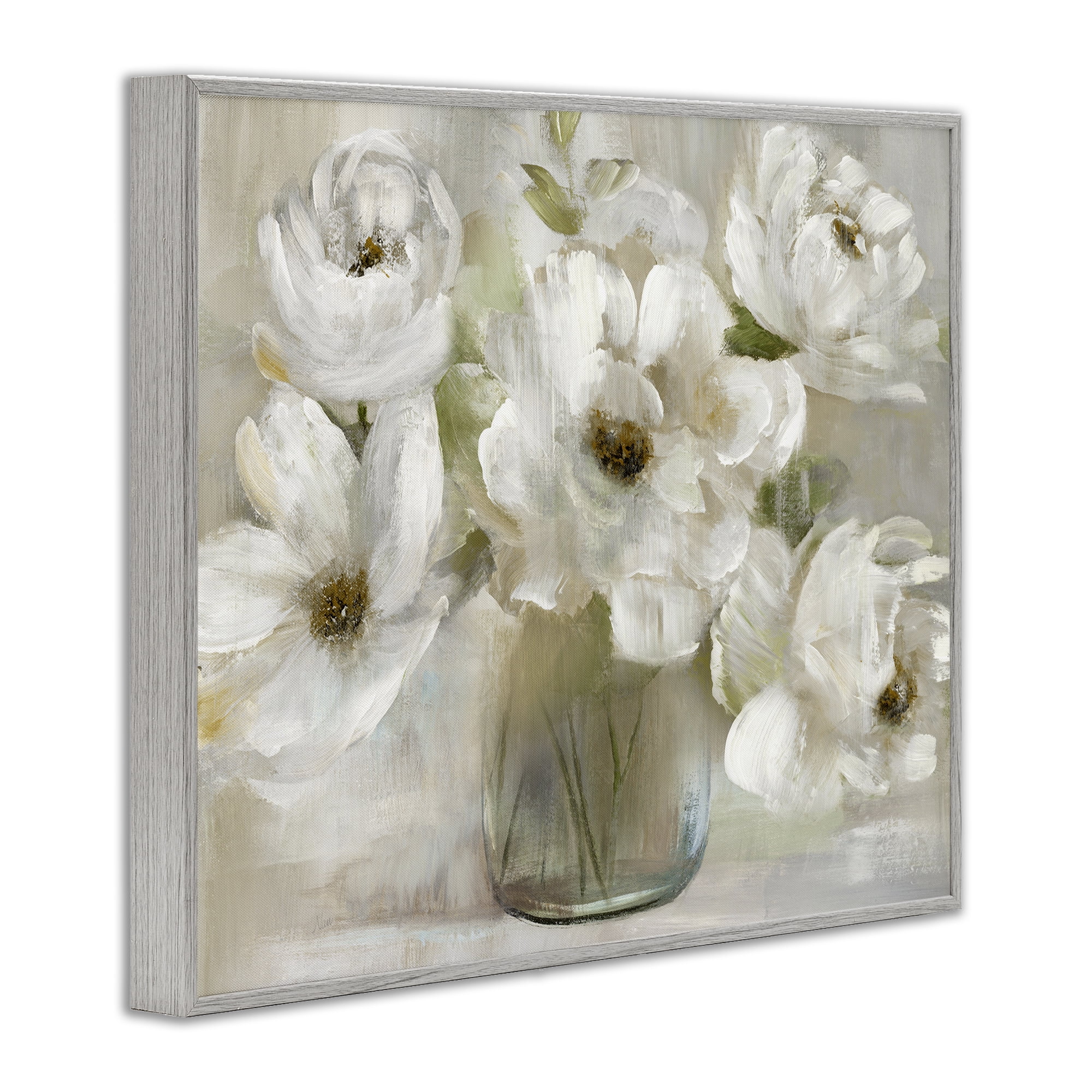 Stupell Industries Gentle White Petals in Vase Gray Framed Giclee Art, design by Nan