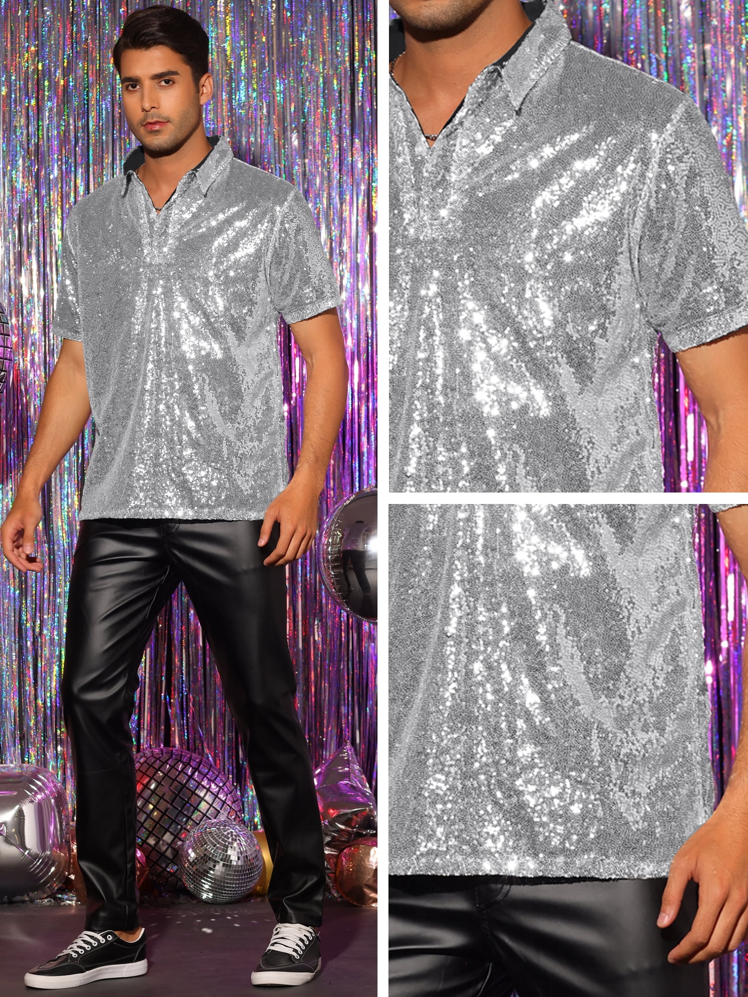Unique Bargains Men's Sequin Polo Sparkle Short Sleeves Club Party Shiny Golf Shirts 2XL Silver