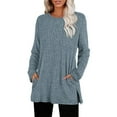 thumbnail image 2 of Women's Crewneck Long Sleeve Sweater with Pockets Side Slit Hem Loose Fit Knit Top Fall Winter Fashion 2025 Casual Comfort Outfits Light Blue L, 2 of 4