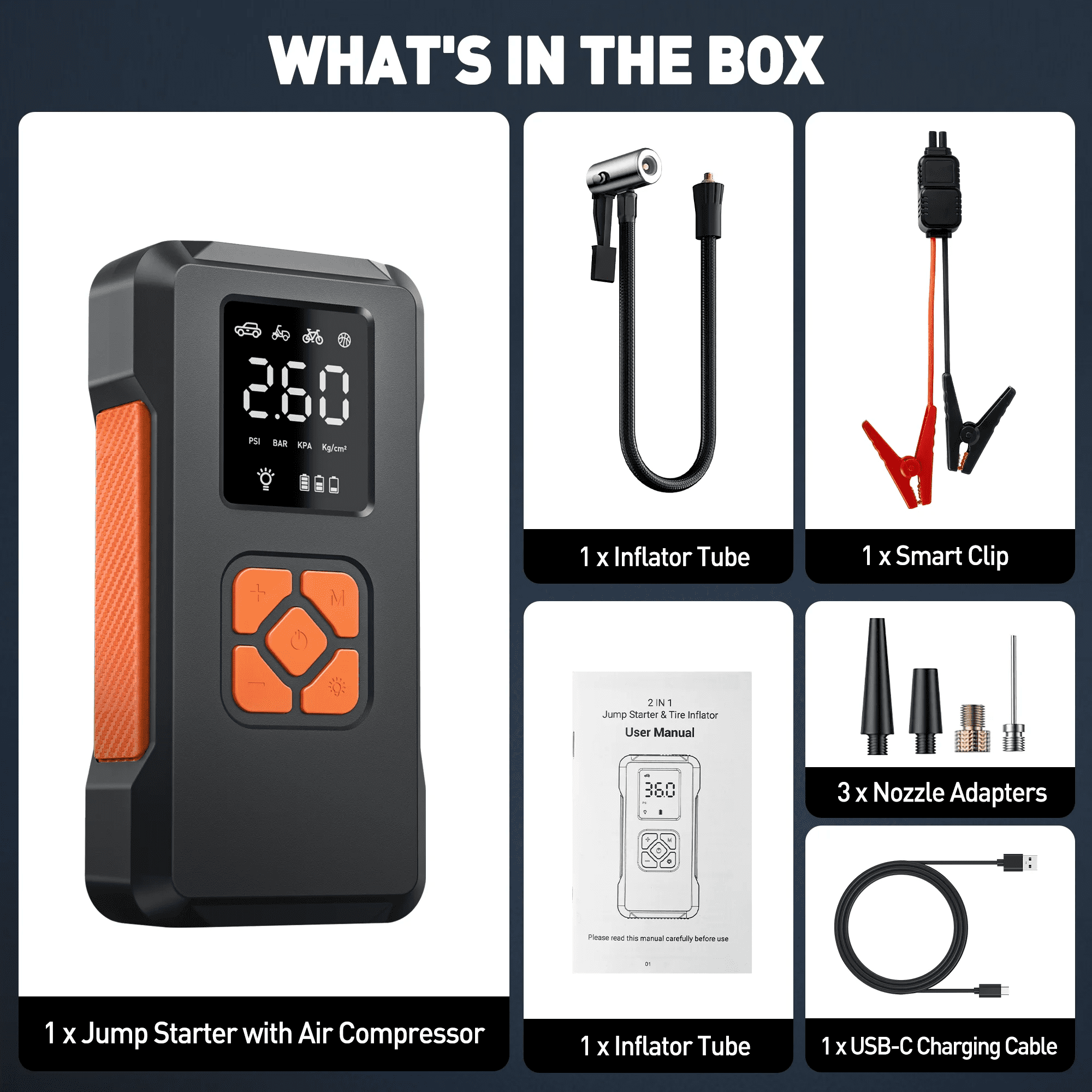 Jump Starter with Air Compressor, 3500A Portable Car Battery Jump Starter with 150PSI Tire Inflator (All Gas/10L Diesel), 12V Jump Box Portable Jumper Cables with LCD Display & Flashlight
