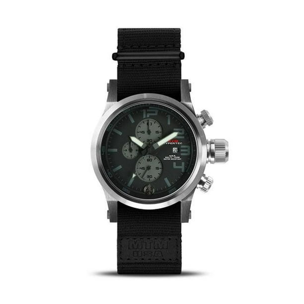 MTM Special OPS Watch HC3ASBGNYBKMTM 44 mm Hypertec Quartz Dual Time Chronograph 3A Strap Mens Watch Silver Black Grey Dial Black Nylon Walmart