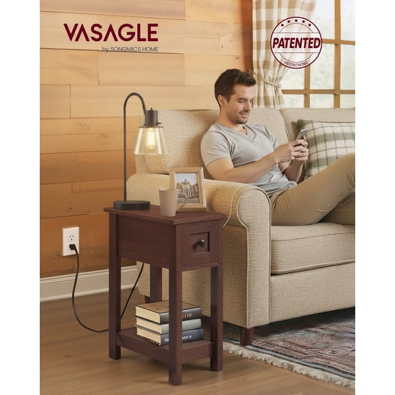 Slim Nightstand with Power Outlet, Superfast Toolless Assembly, Farmhouse Bedside Table, for Living Room, Brown