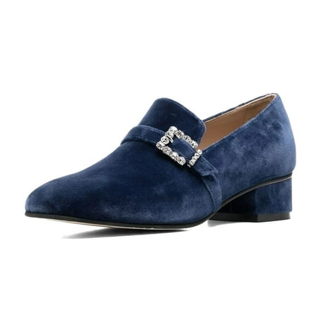 XYD Women Classic Crystal Buckle Strap Loafers Closed Round Toe Chunky Low Heel Comfort Driving Office Shoes Size 4.5 Navy