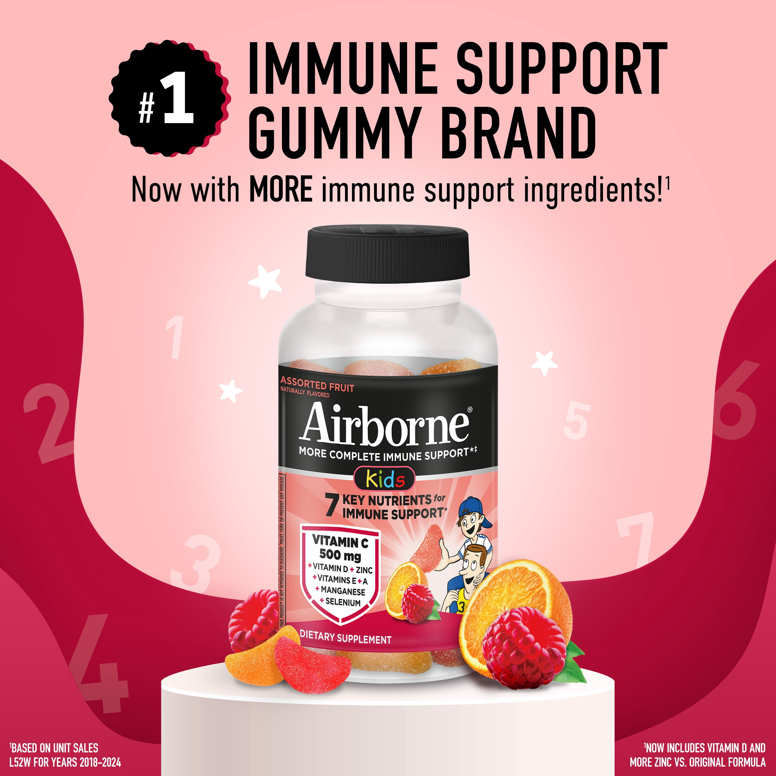 (3 pack) Airborne Kids 500mg Vitamin C Immune Support Gummies, Multivitamin Supplement, Assorted Fruit Flavor, 21 ct