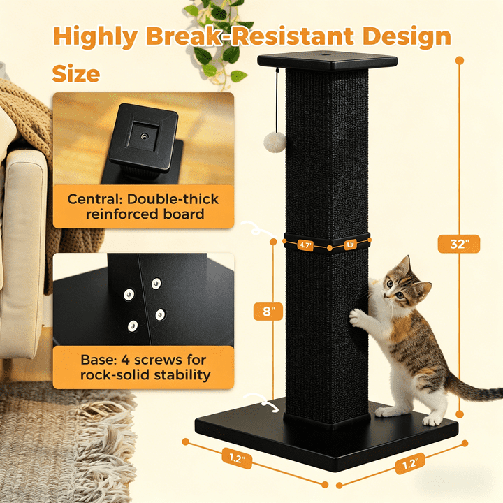 PAWZ Road 32" Tall Cat Scratching Post for Indoor Cats - Durable Cat Scratcher with Wide Base, Black