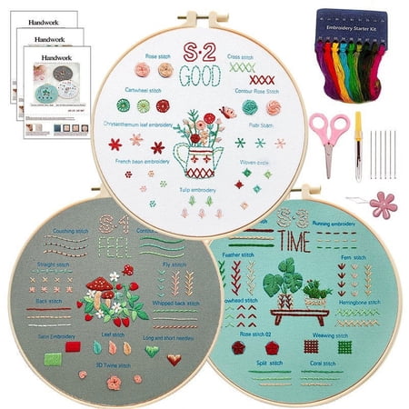 3 Pack Embroidery Kit for Beginners, Sewing Cross Stitch Practice Kit to Learn 28 Different Stitch, Embroidery Starter Kit with Stamped Cloth Hoops Threads and Needles