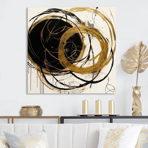 Designart "Black And Gold The Art Of Chaos I" Abstract Painting Wall Art Living Room