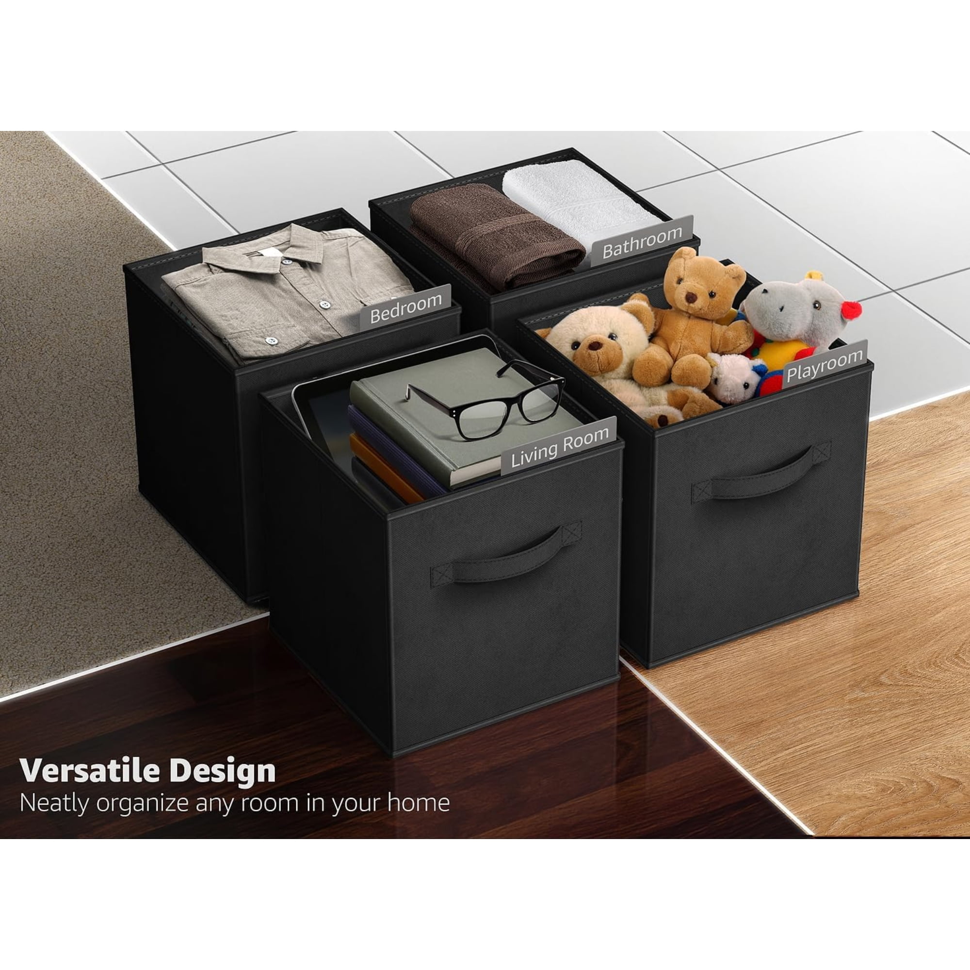 Sorbus 11" Collapsible Fabric Storage Cubes - 6 Foldable Bins with Handles for Clothes, Toys, Books (Black)