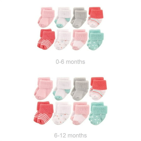 Luvable Friends Infant Girl Grow with Me Cotton Terry Socks, Coral Dot, 0-6 and 6-12 Months
