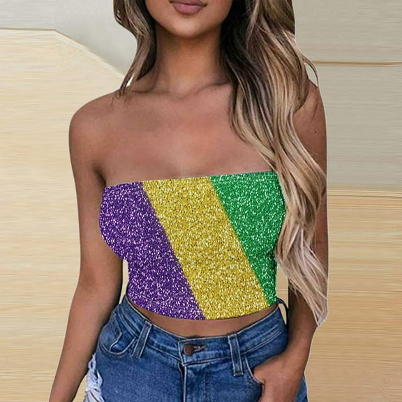 SOOMLON Mardi Gras Tube Tops for Women Carnival Outfits Tuesday Party Sleeveless Tshirts Funny Color Block Print Tops Sexy Cropped Tops New Orleans Parade Pullovers 2025 Purple XL