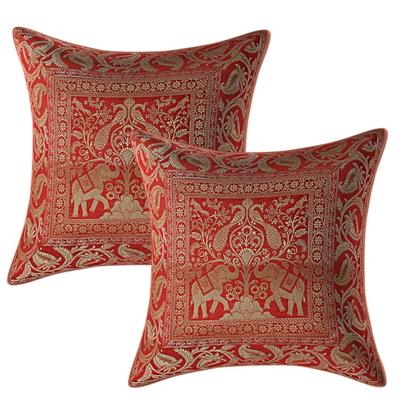 Stylo Culture Ethnic Sofa Throw Pillow Covers 16 x 16 Jacquard Peacock Red Traditional 40cm x 40cm Home Decor Brocade Elephant Zippered Square Cushion Covers | Set Of 2