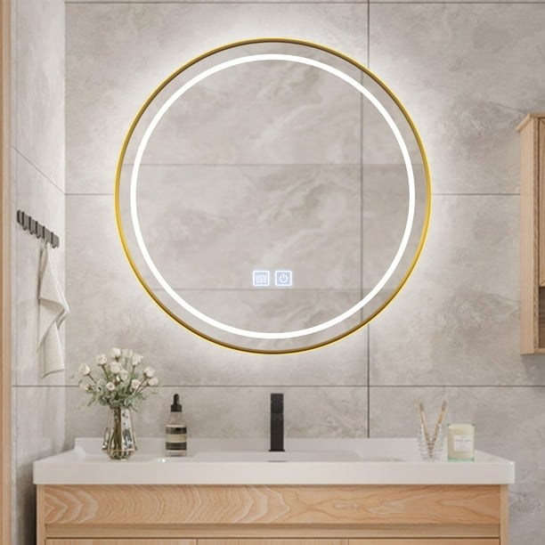 Luniquz 24 inch LED Round Mirror Bathroom Vanity Mirror AntiFog Large Lighted Vanity Wall