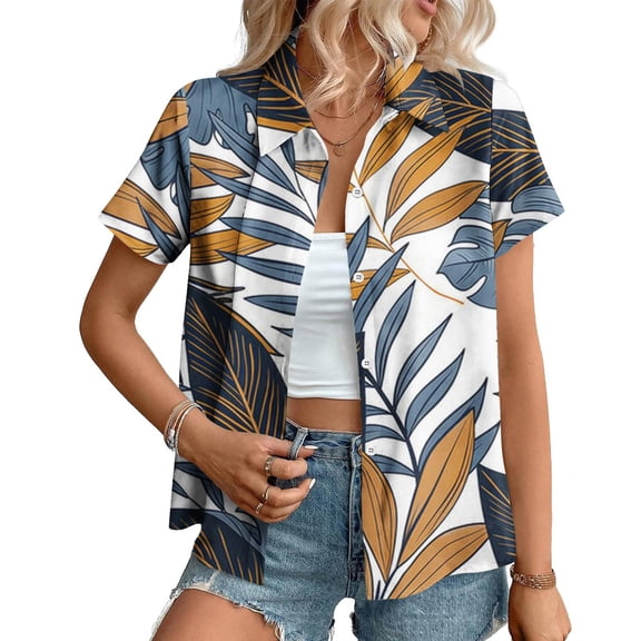 QUNYINEY Casual Women's Button Down Shirts Short Sleeve Collared Hawaiian Tops Summer Loose Tops for Women