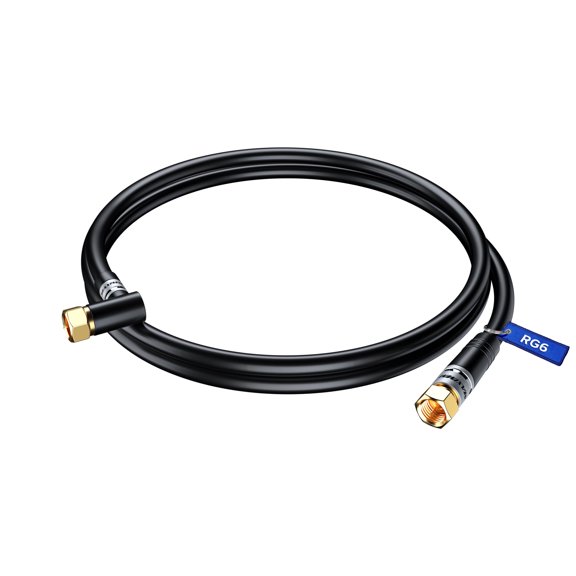Coaxial Cable RG6, with a Right Angle 90° Connector, 2 ft, Coax Cable F-Type Triple Shielded Coax Cable (Black)