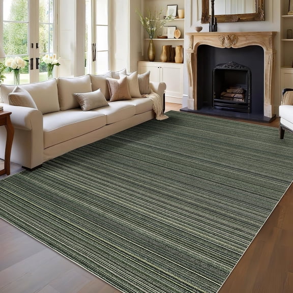 Garvee 9'x12' Modern Stripe Area Rug, Washable Neutral Printed Carpet with Non Slip Rubber Backing, Stain Resistant Accent Floor Carpet for Living Room, Bedroom, Home Office, Green