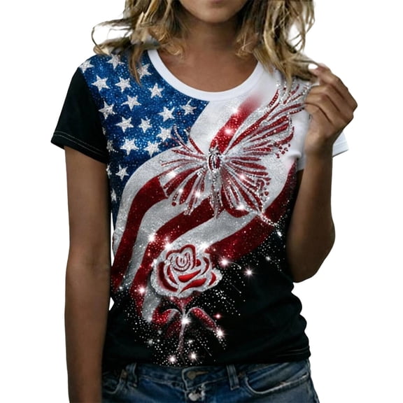 Women's T Shirts Fourth Of July Celebration Crew Neck Short Sleeve 4Th Of July Patriotic Print Top Tees for Women Red L