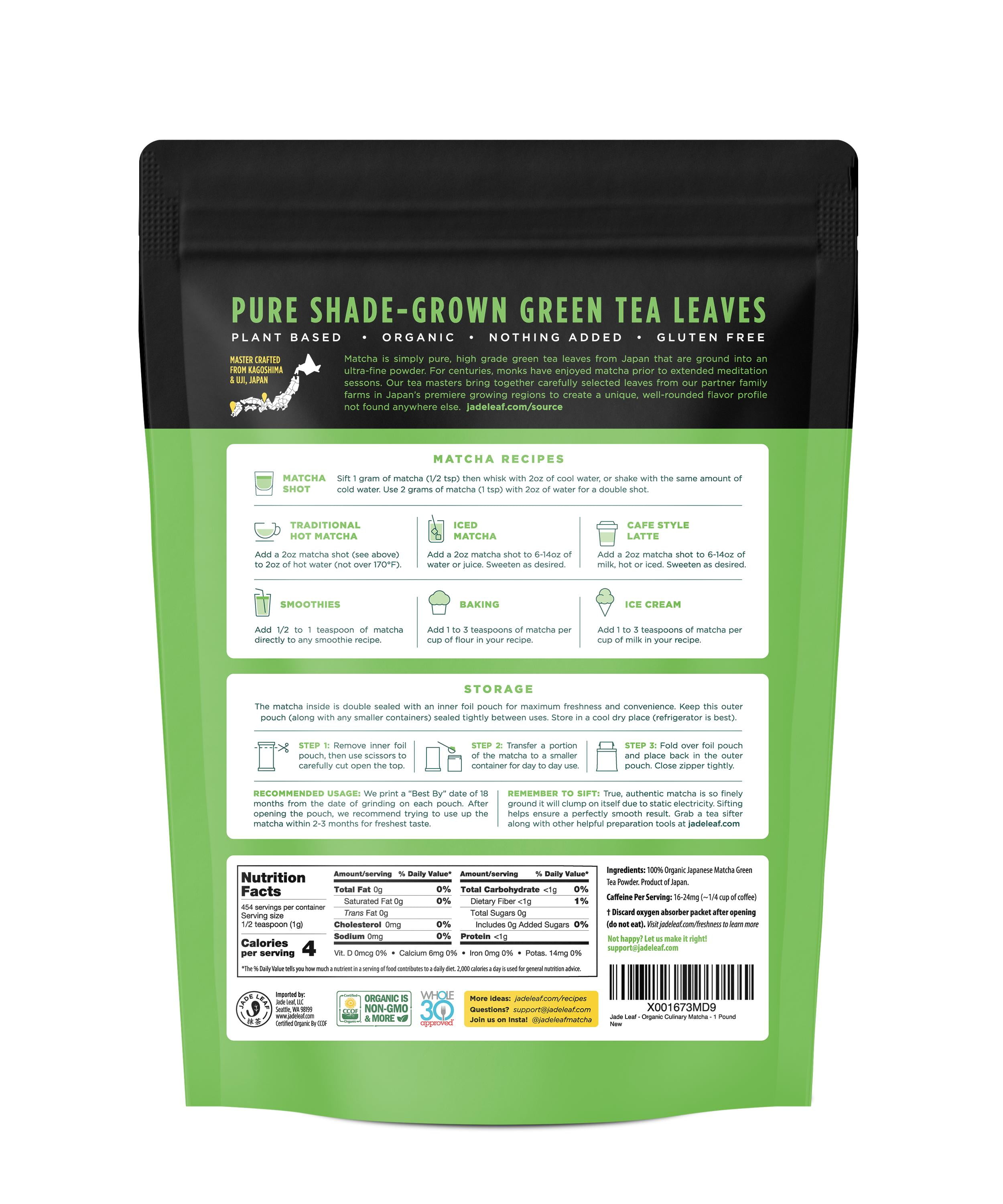 Jade Leaf Organic Matcha Powder, Culinary Grade, 16 oz Pouch