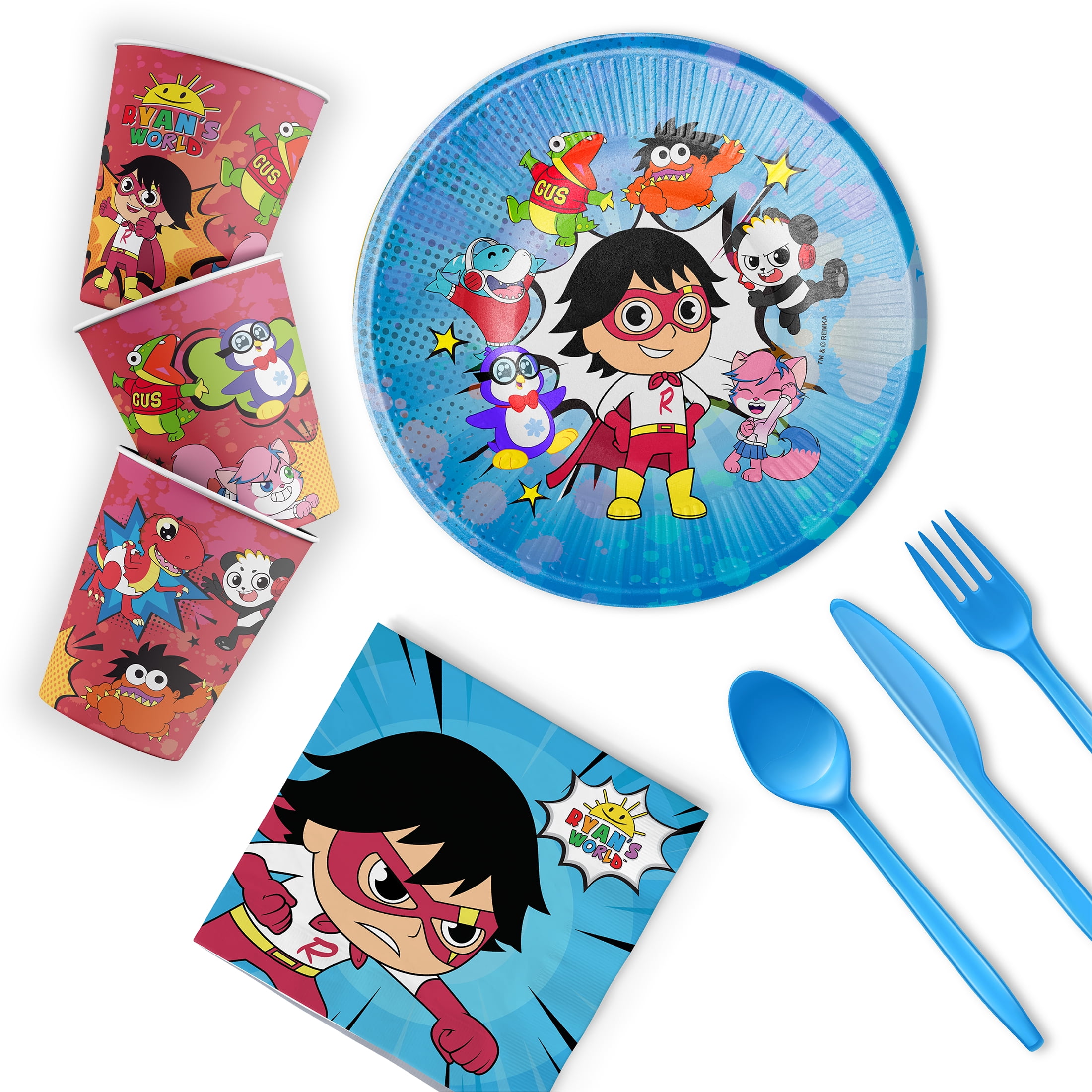 Ryan's World Partyware Bundle - 12 Piece Set with Disposable Plates, Napkins, Cups and Utensils