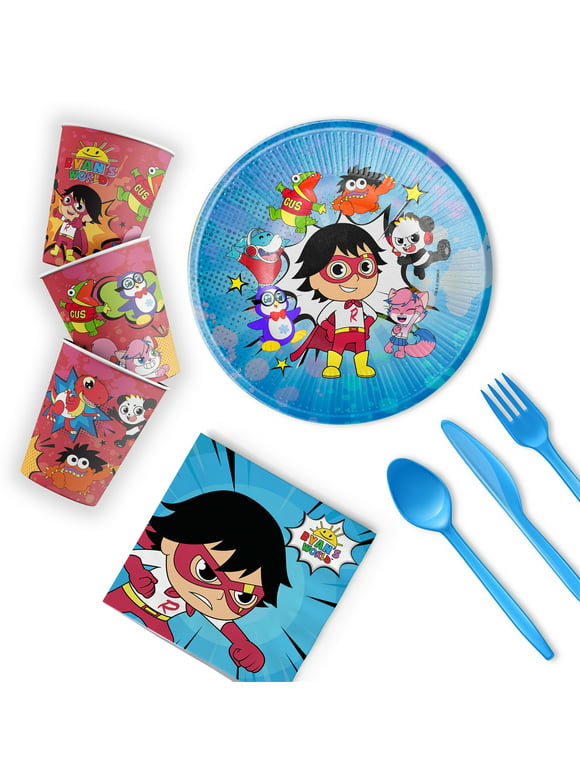 Ryan's World Partyware Bundle - 12 Serving Set with Disposable Plates, Napkins, Cups and Utensils