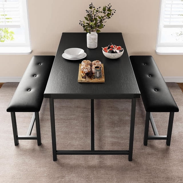 Ourlova Ensemble de Table à Manger Rectangulaire pour 4, Ensemble de Table de Cuisine 3 Pcs avec 2 Banquettes Rembourrées, Noir Rétro