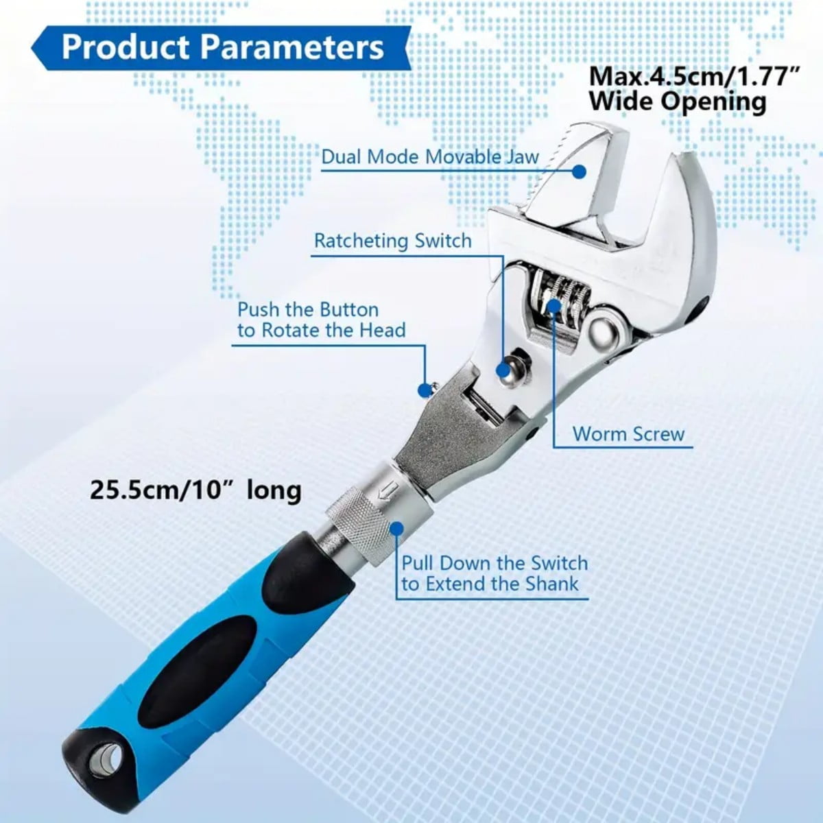Adjustable Wrench, 10" to 12" Telescopic Extension Handle Ratchet Wrench Tool, 180 Degree Swivel Head Adjustable Wrench