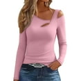 thumbnail image 2 of SYMOID Womens Pink Long Sleeve Cut Out Cold Shoulder Top - Asymmetrical Neckline, Form-Fitting Polyester Spandex Casual Top,Size L, 2 of 5