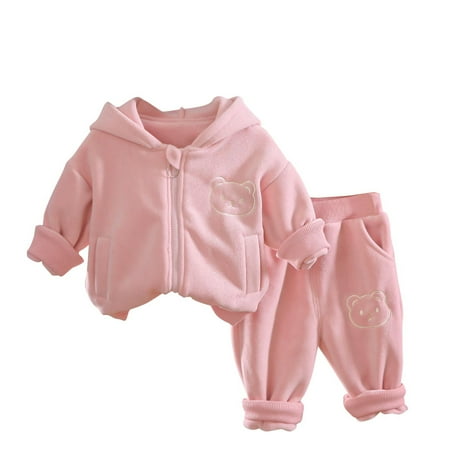 

AJTQTH Kids Boys Girls Long Sleeve Sherpa Fleece Two Piece Tracksuit Casual Full Zip up Hooded Jackets and Long Pants Winter Thick Warm Cute Bear Sweatsuit Outfit Clothes Set Pink 4-6 Years