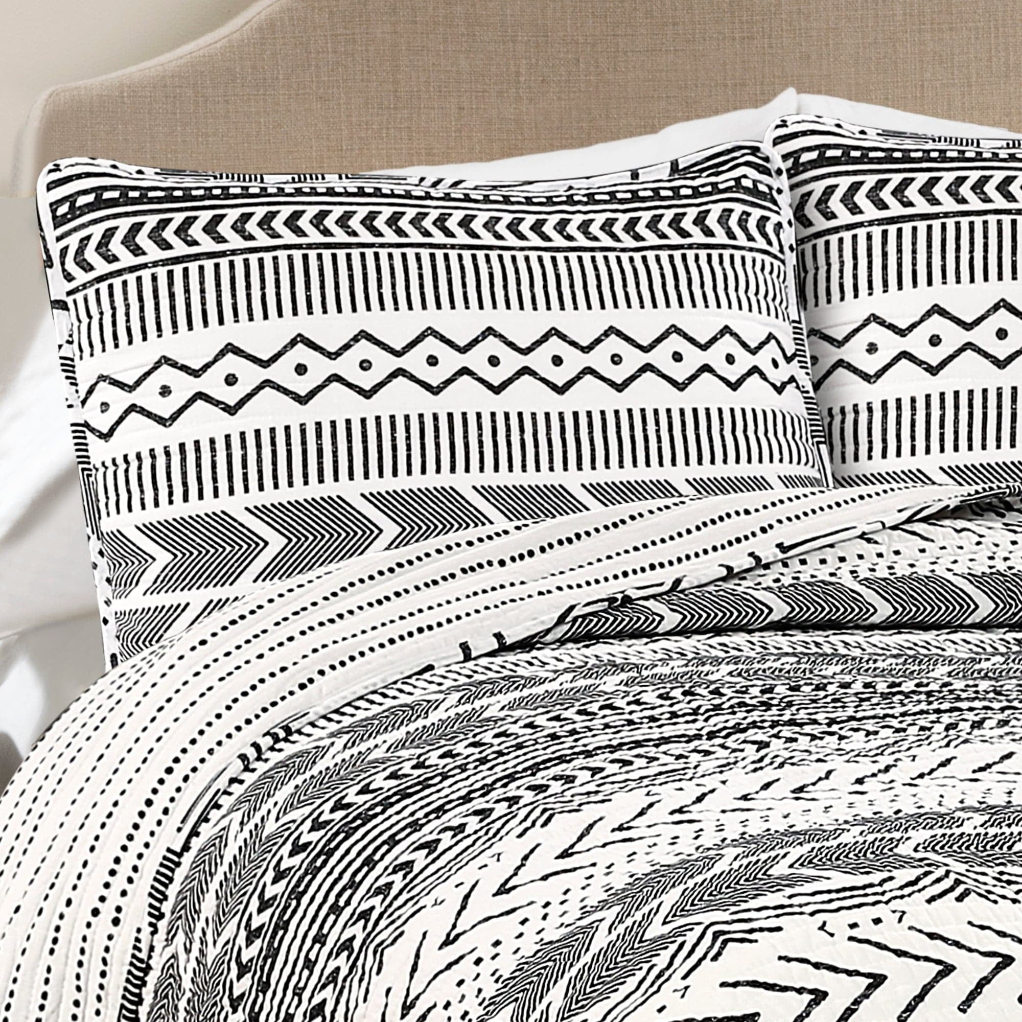 Lush Decor Hygge Geo Cotton Reversible Quilt, Full/Queen, Geometric Print, Navy/White, 3-pc set includes: 1 Quilt, 2 Pillow Shams