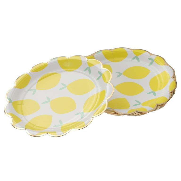 10pcs Wavy Golden edged Paper Plates Disposable Round Cake Plate Tableware Party Supplies for Birthday 9inch Lemon