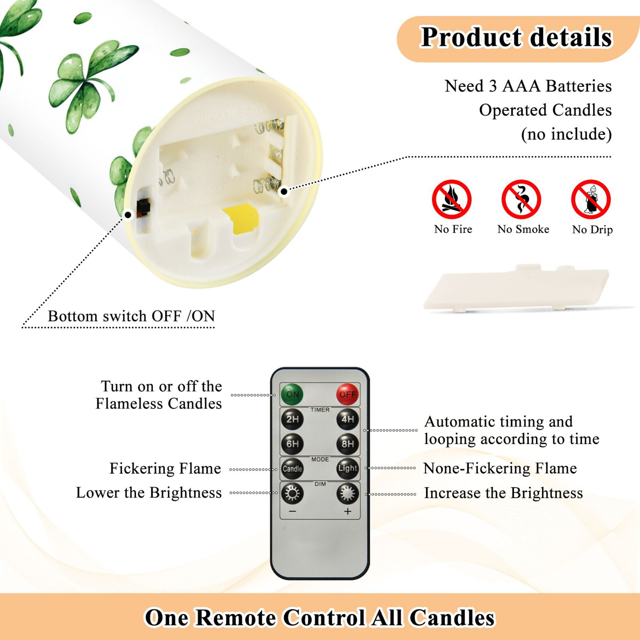 2 PCS Tilted Flameless Candles Flickering LED Lights Battery Operated Candles with Remote Timers for Holiday Decor Shamrock Leaves