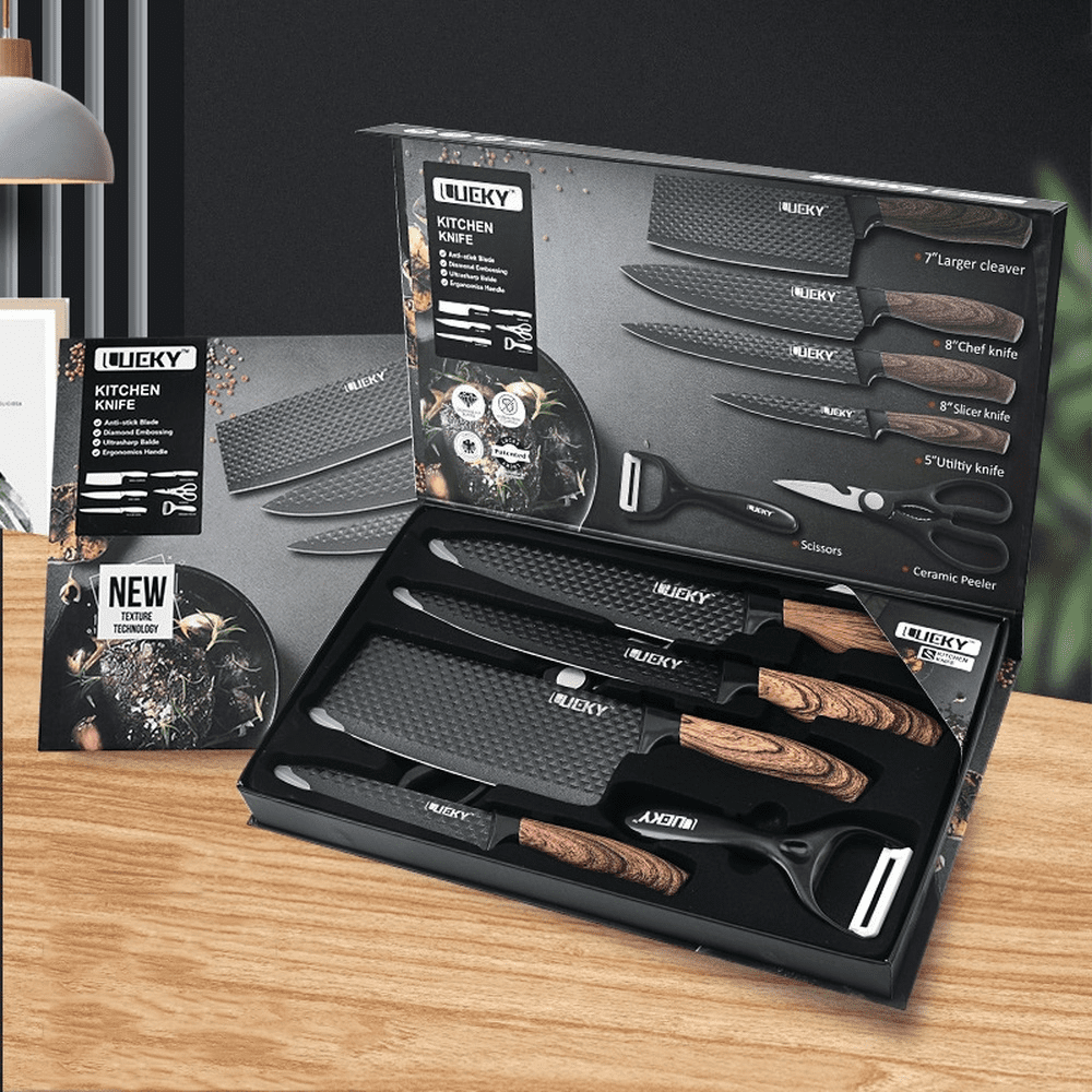 Chef Knife Set, DFITO 6Pcs Stainless Steel Kitchen Knife Set, Non-Stick Coating, Ultra Sharp, Dishwasher Safe