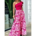 thumbnail image 4 of 2 Piece Outfits for Women One Shoulder Short Top Floral Long Wide Leg Pants Palazzo Sets Rose Red S, 4 of 5