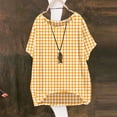 thumbnail image 4 of Women's Gingham Print Tops Crew Neck Short Sleeve Linen T-Shirt Breathable Summer Top for Going Out Vacation Orange 3XL, 4 of 6