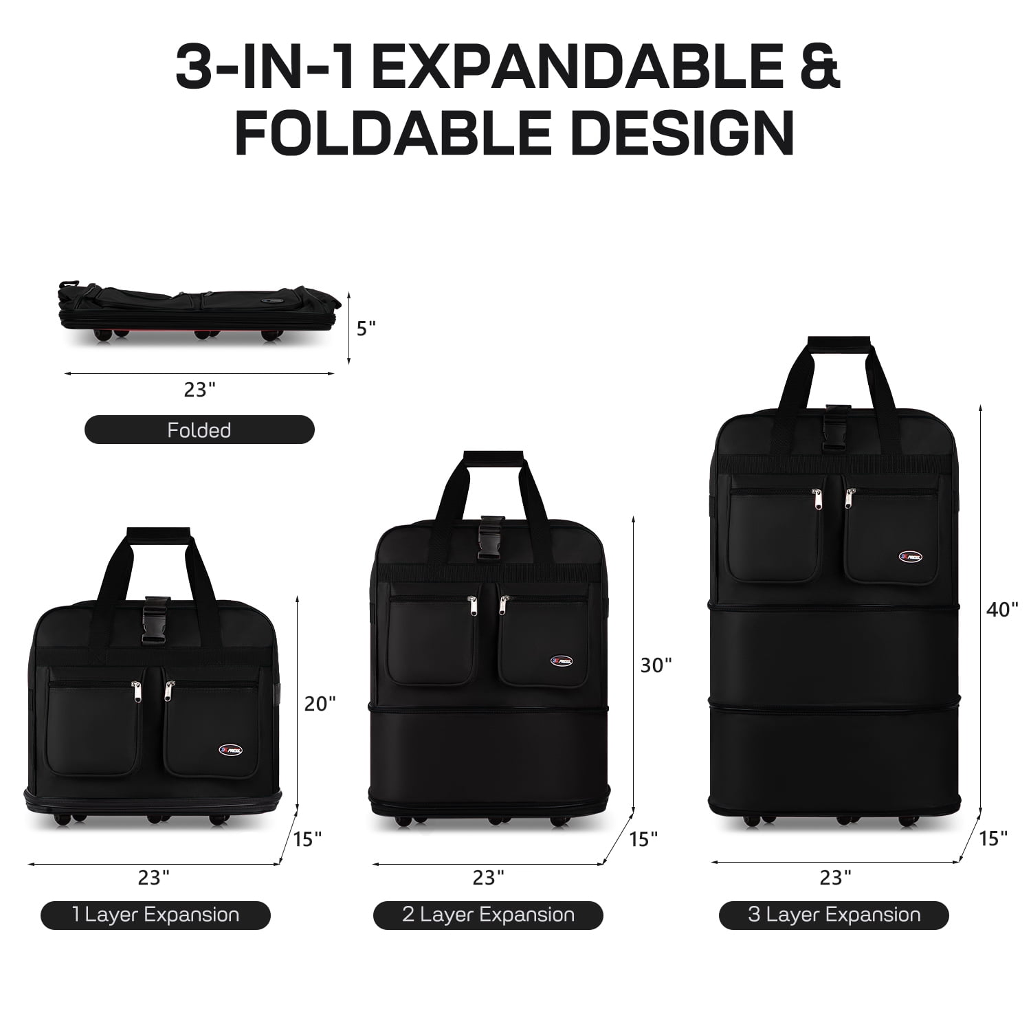 40" Expandable Foldable Luggage Bag Suitcase with 6 Swivel Wheels Collapsible Rolling Travel Bag for Home Storage Moving,Black - EX