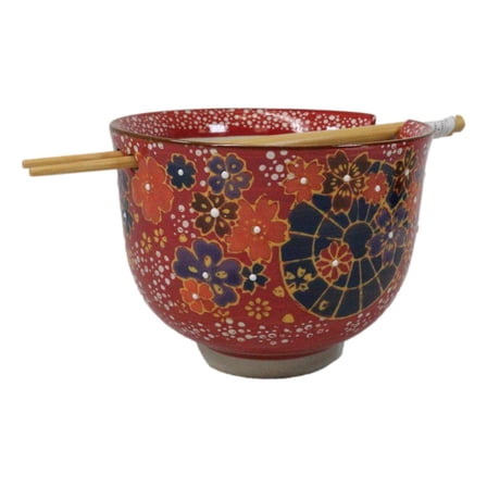 Colorful Spring Flowers Ceramic Donburi Ramen Soup Red Bowl With Chopsticks Set