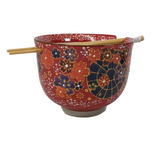 Colorful Spring Flowers Ceramic Donburi Ramen Soup Red Bowl With Chopsticks Set