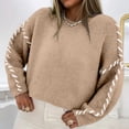 thumbnail image 3 of Ladies' Color Blocking Loose Casual Round Neck Knitted Sweater Long Sleeved Sweater Top for Fall Winter Statement Looks,Khaki,S, 3 of 6