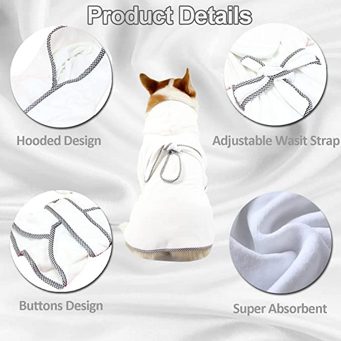 Dog Bathrobe, Microfiber Fast Drying Absorbent Hooded Bath Towel for Puppy Small Medium Large Dog Cat (XL, White)
